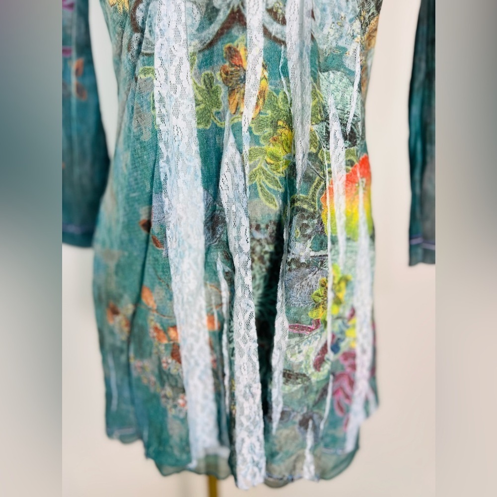 Dressbarn Y2K Lace Tunic Top Small Green Floral Sheer Sleeves Fairy Grunge - Picture 5 of 11